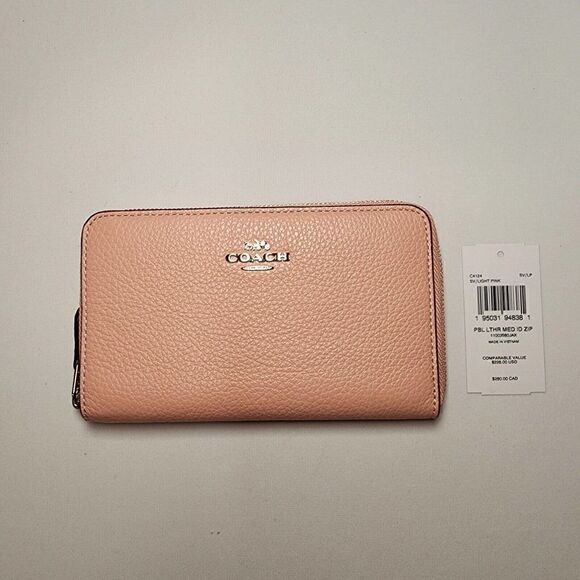 NWT Coach C4124 Medium Id Zip Wallet in Pebble Leather Light Pink - Picture 1 of 3